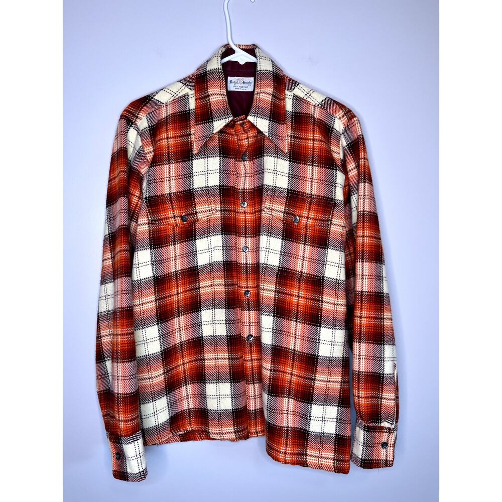 1970s Royal Knight Red Orange Plaid Western Rodeo Cowboy Disco Oxford Shirt L